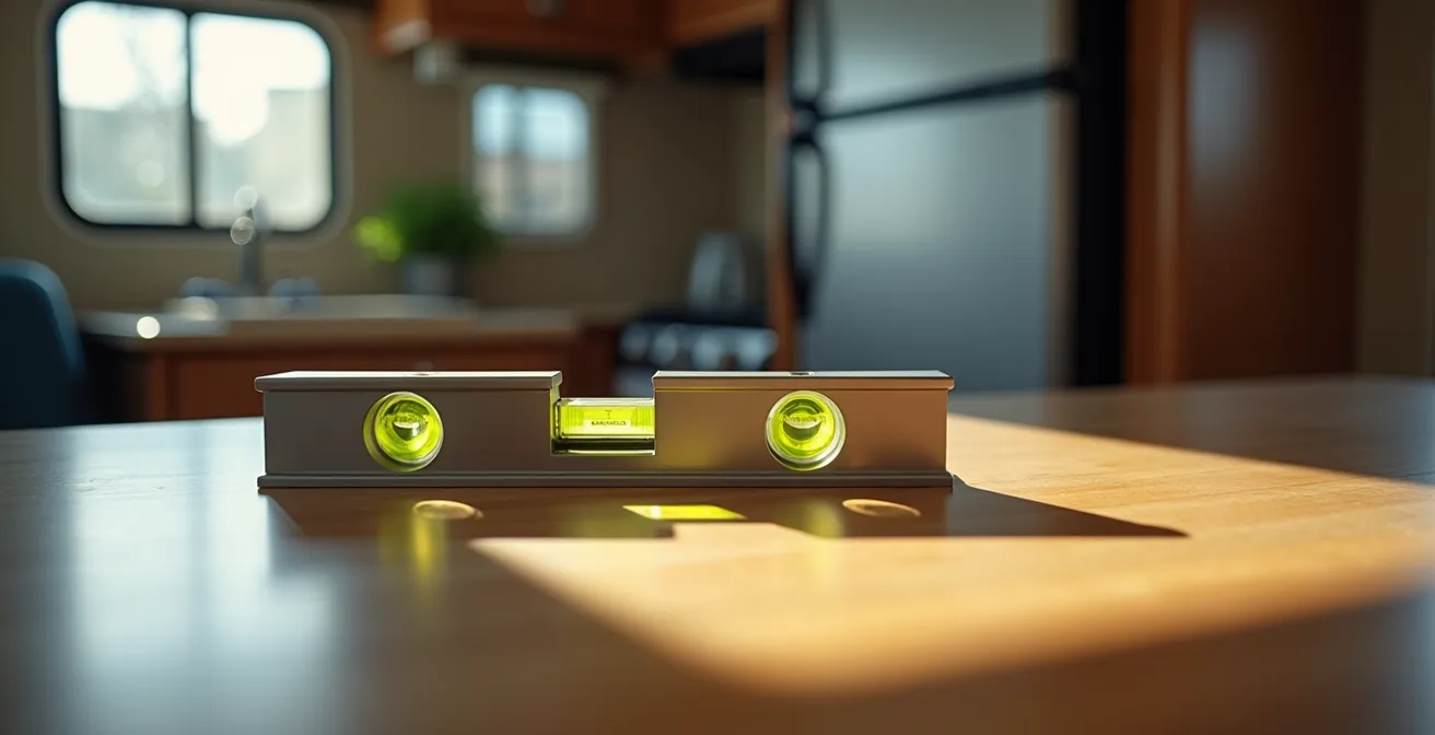 Wasserwaagen-App auf einem Smartphone, das auf einer Wohnmobil-Arbeitsfläche liegt und die Schräglage anzeigt