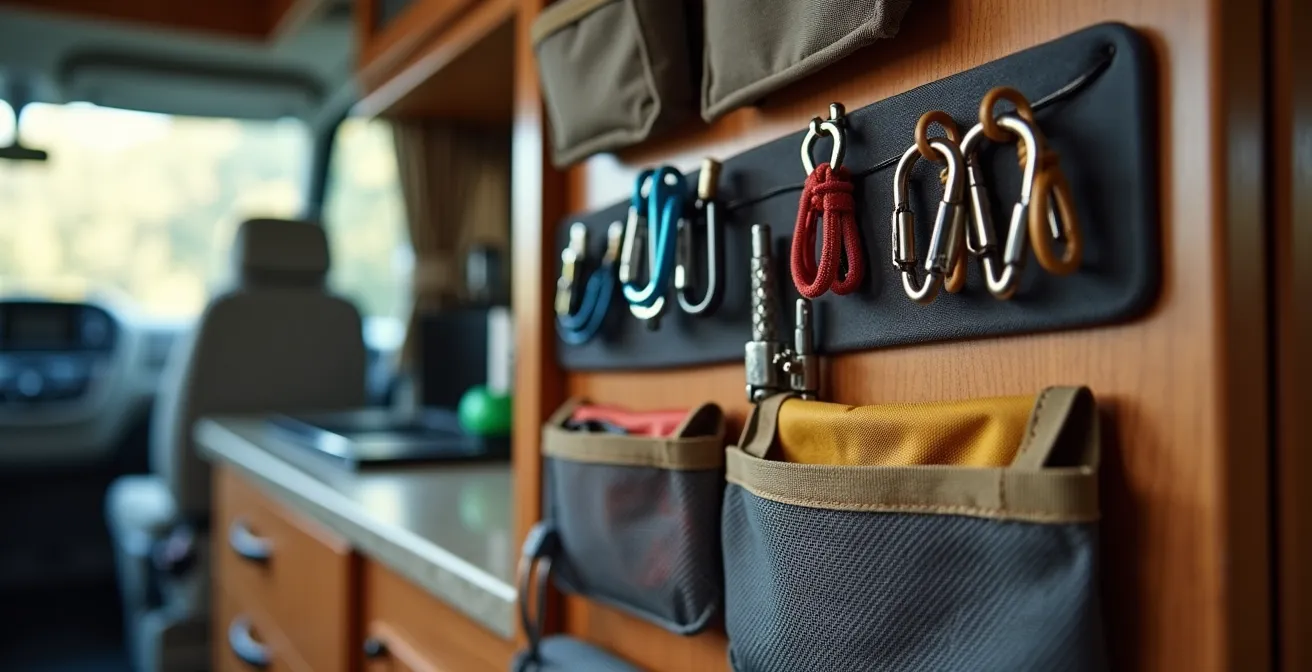 Magnetleisten und Stofforganizer an Wohnmobil-Schranktüren mit systematischer Anordnung