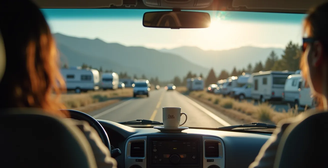 Wohnmobil zwischen anderen Fahrzeugen geparkt mit subtilen Sicherheitsmerkmalen