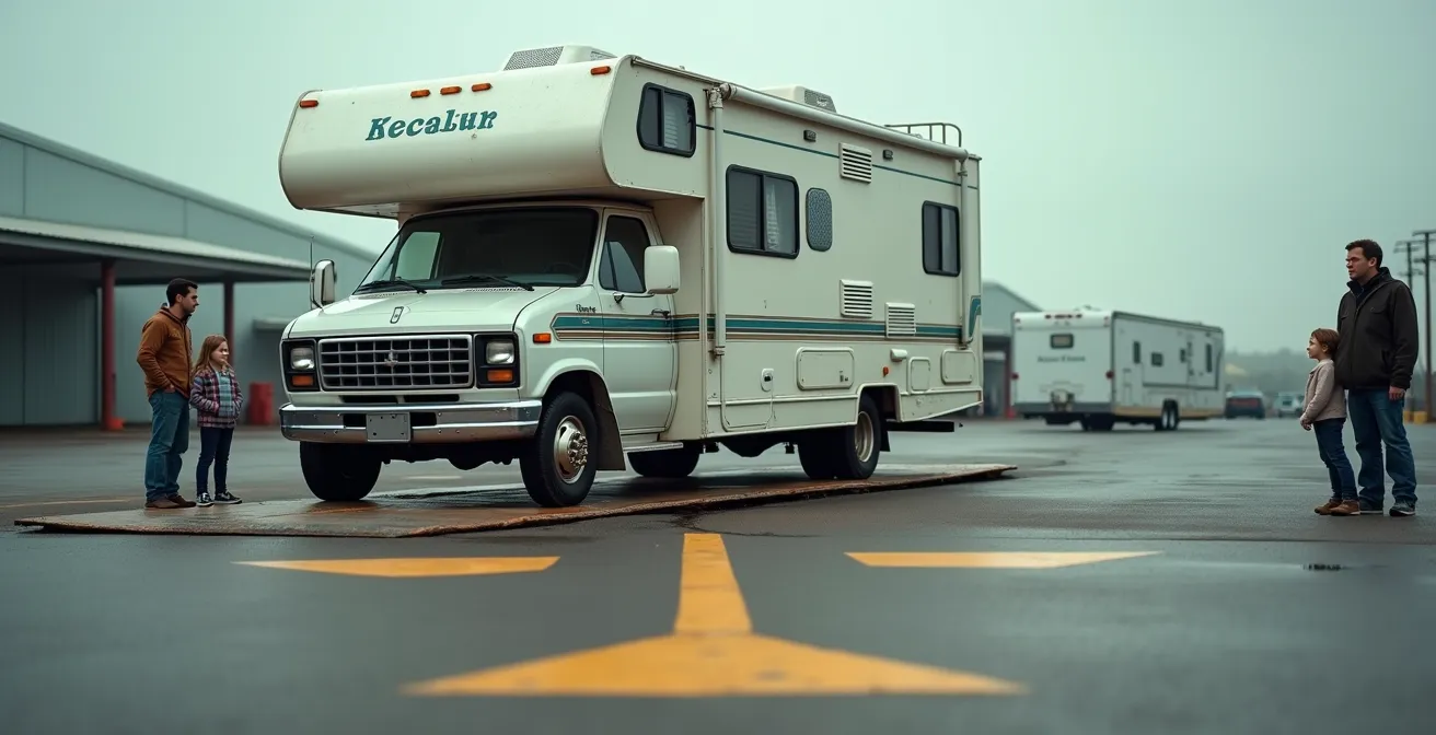 Wohnmobil auf öffentlicher Fahrzeugwaage zur Gewichtskontrolle