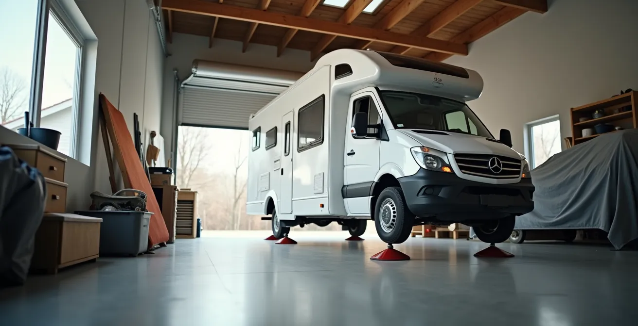 Ein Wohnmobil ist zur Winterlagerung in einer Garage sicher aufgebockt, um die Reifen zu entlasten.