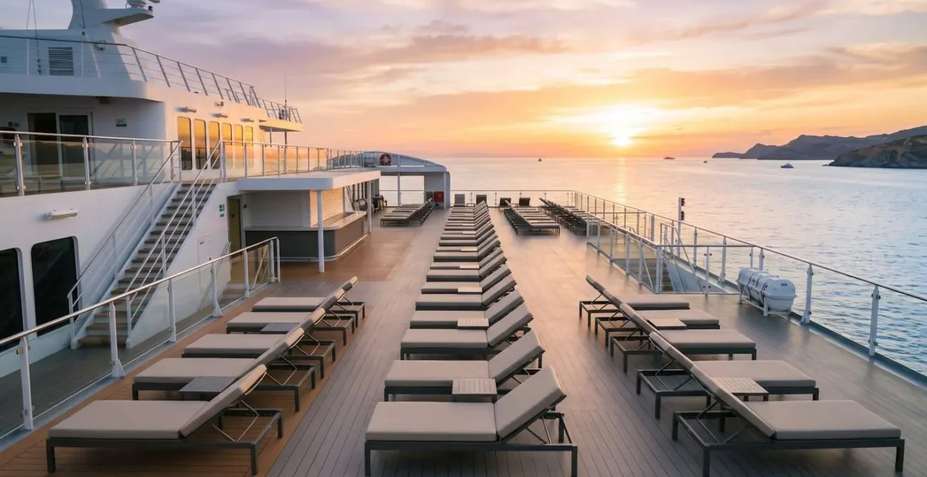 Leeres Aussendeck einer Fähre bei goldenem Sonnenuntergang über dem ruhigen Mittelmeer mit Liegestühlen