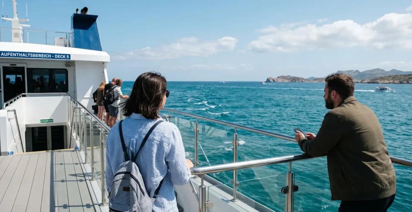 Passagiere beobachten von hinten das türkisfarbene Mittelmeer vom Fährdeck aus während einer sonnigen Tagesüberfahrt