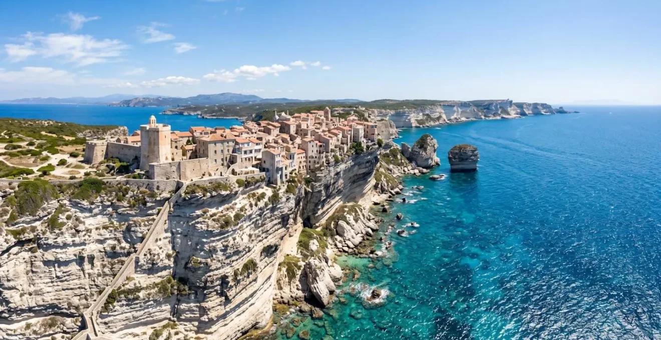 Luftaufnahme der Altstadt von Bonifacio, die auf dramatischen weißen Kalksteinklippen über dem türkisfarbenen Mittelmeer thront, bei strahlendem Sonnenschein