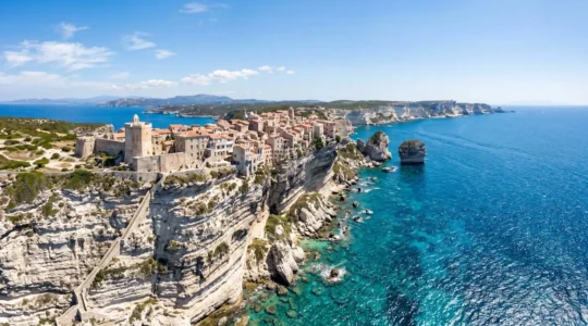 Luftaufnahme der Altstadt von Bonifacio, die auf dramatischen weißen Kalksteinklippen über dem türkisfarbenen Mittelmeer thront, bei strahlendem Sonnenschein