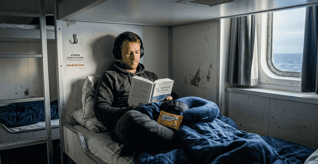 Nahaufnahme einer modernen Schiffskabine mit frisch bezogenem Bett und kleinem Bullauge, durch das verschwommen das Meer zu sehen ist
