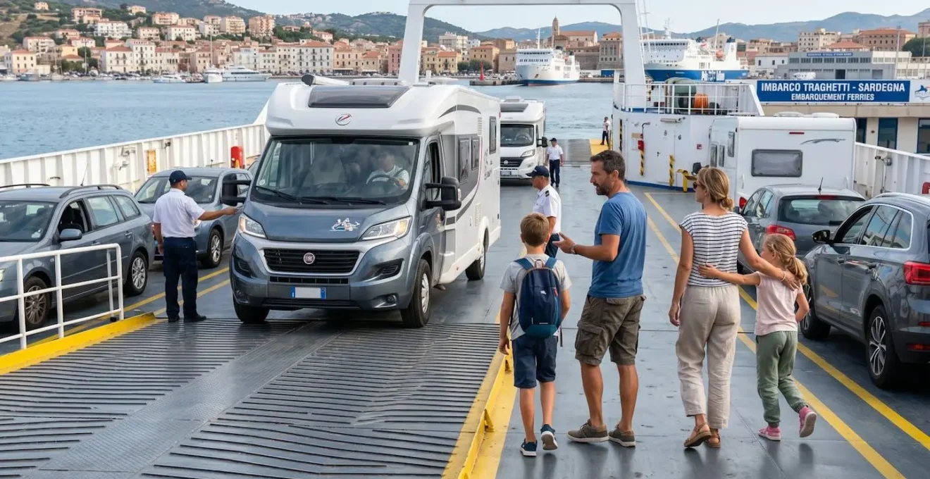 Eine Familie begleitet ihr Wohnmobil beim Einfahren auf das Fahrzeugdeck einer modernen Fähre im Mittelmeerhafen, morgendliches Sonnenlicht, Alltagsszene ohne Posing