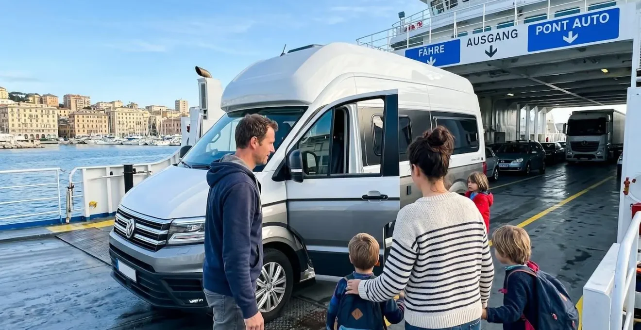Eine Familie begleitet ihr Wohnmobil beim Einfahren auf das Fahrzeugdeck einer modernen Fähre im Mittelmeerhafen, morgendliches Sonnenlicht, Alltagsszene ohne Posing