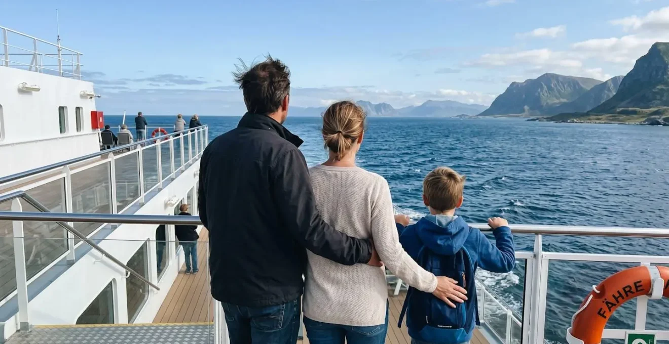 Eine Familie von hinten fotografiert auf dem Außendeck einer modernen Fähre, Eltern und Kind blicken gemeinsam auf das Meer