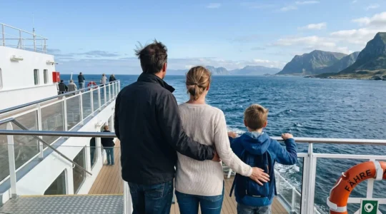 Eine Familie von hinten fotografiert auf dem Außendeck einer modernen Fähre, Eltern und Kind blicken gemeinsam auf das Meer