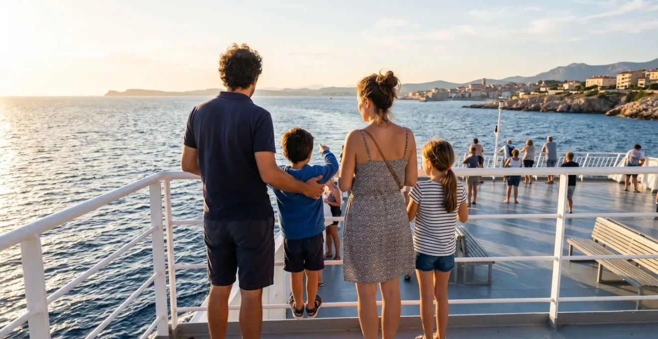 Familie steht am Geländer eines modernen Fährschiffs und blickt auf das Mittelmeer während des Sonnenaufgangs