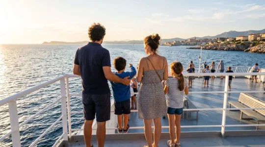 Familie steht am Geländer eines modernen Fährschiffs und blickt auf das Mittelmeer während des Sonnenaufgangs