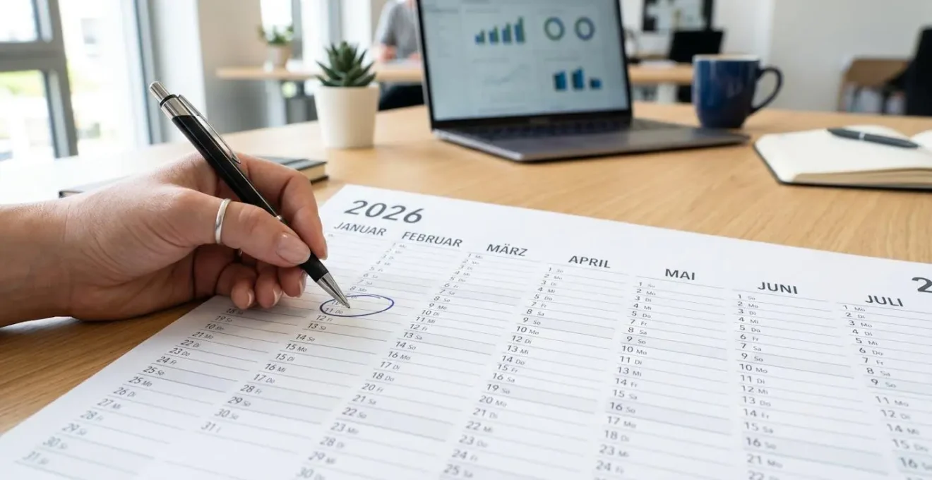 Nahaufnahme eines Kalenders mit den Monaten Januar bis Juli, eine Hand markiert mit einem Stift ein Datum im Februar, unscharfer Hintergrund mit Schreibtisch
