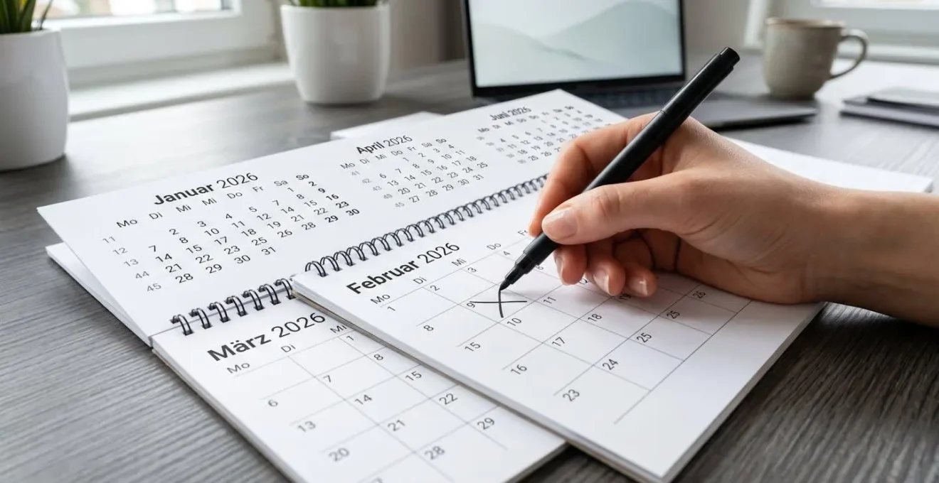 Nahaufnahme eines Kalenders mit den Monaten Januar bis Juli, eine Hand markiert mit einem Stift ein Datum im Februar, unscharfer Hintergrund mit Schreibtisch