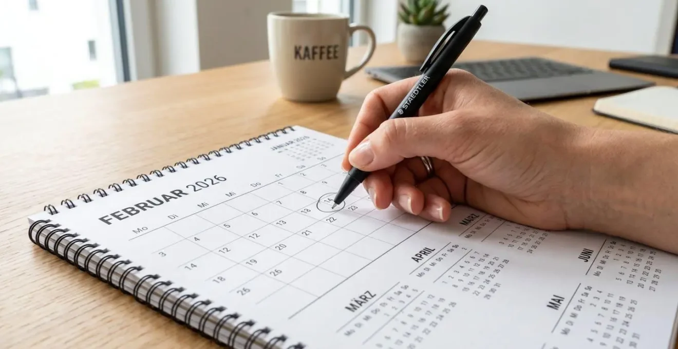 Nahaufnahme eines Kalenders mit den Monaten Januar bis Juli, eine Hand markiert mit einem Stift ein Datum im Februar, unscharfer Hintergrund mit Schreibtisch