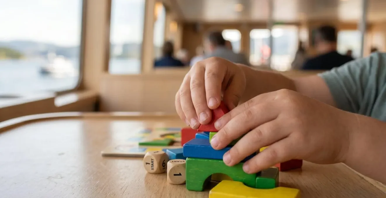 Extreme Nahaufnahme von Kinderhänden, die mit bunten Bauklötzen auf einem Tisch spielen, unscharfer Hintergrund
