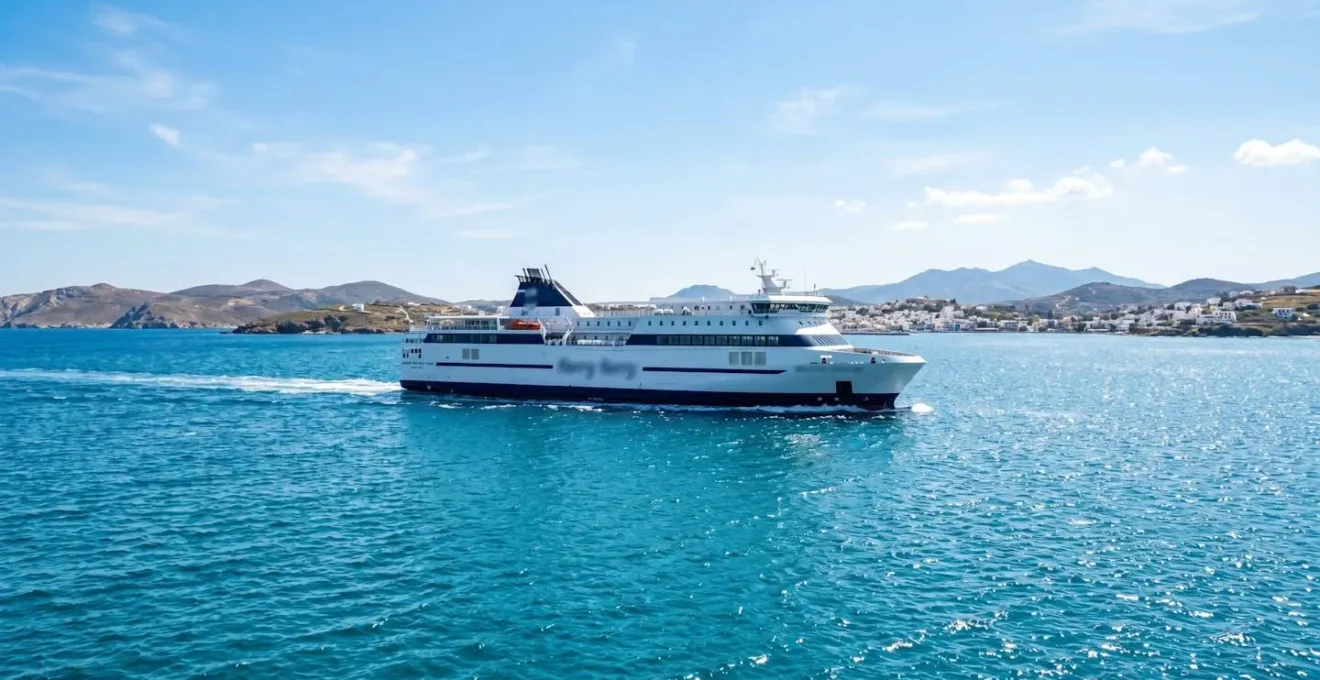 Moderne Fähre fährt über türkisfarbenes Mittelmeer unter blauem Himmel, Weitwinkelaufnahme ohne Personen im Vordergrund, zeitgenössisches Schiffsdesign