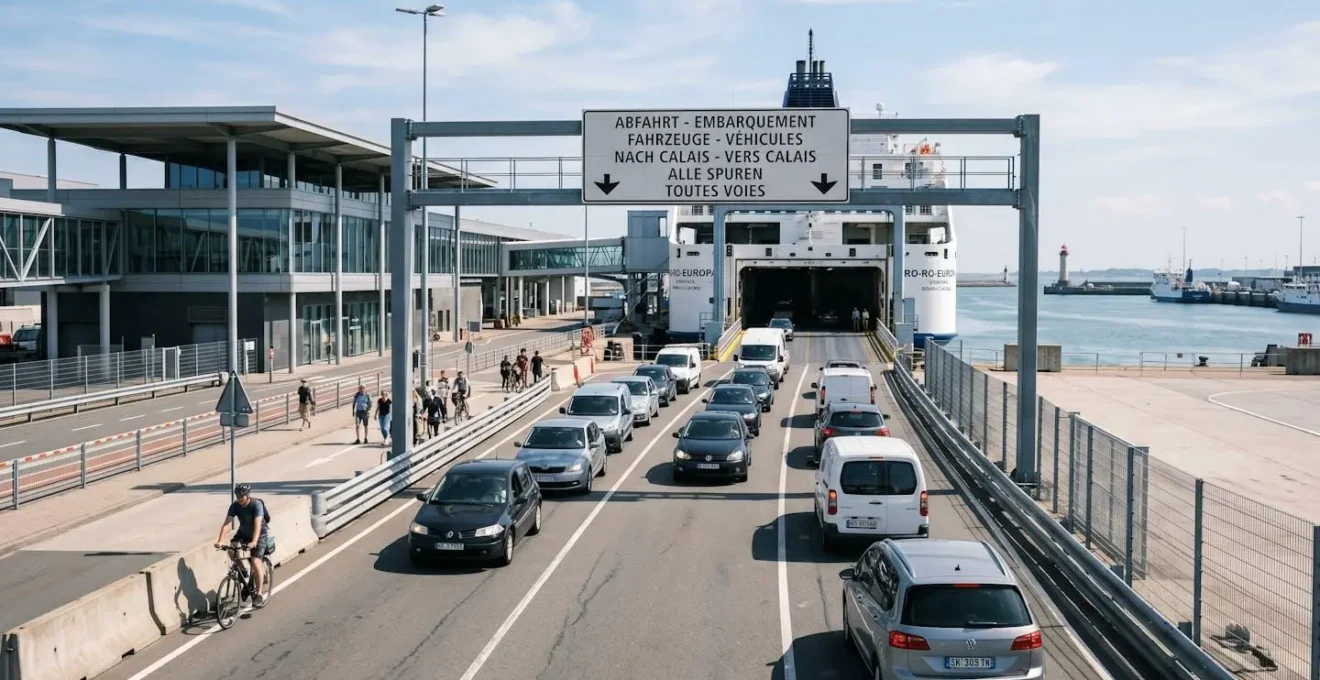 Weitwinkelaufnahme einer modernen europäischen Fährhafenanlage mit Fahrzeugeinfahrtsrampe und mehrsprachiger Beschilderung bei Tageslicht