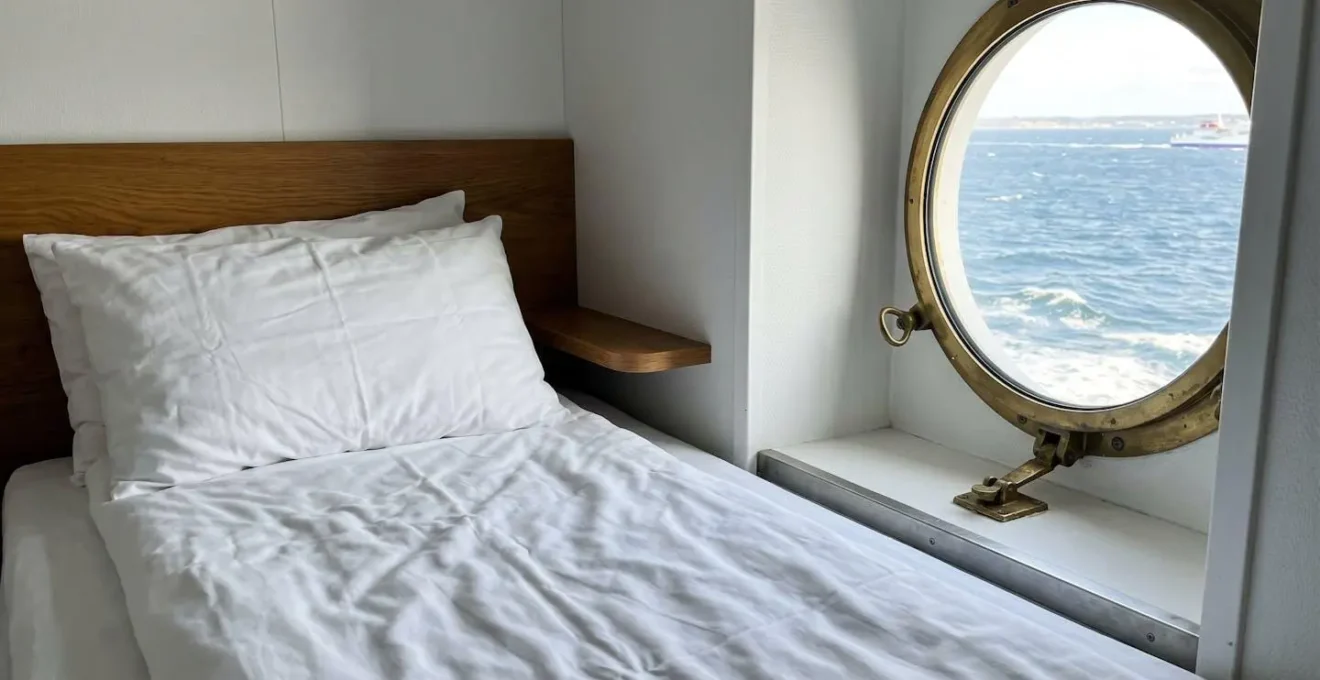 Nahaufnahme einer modernen Schiffskabine mit frisch bezogenem Bett und kleinem Bullauge, durch das verschwommen das Meer zu sehen ist
