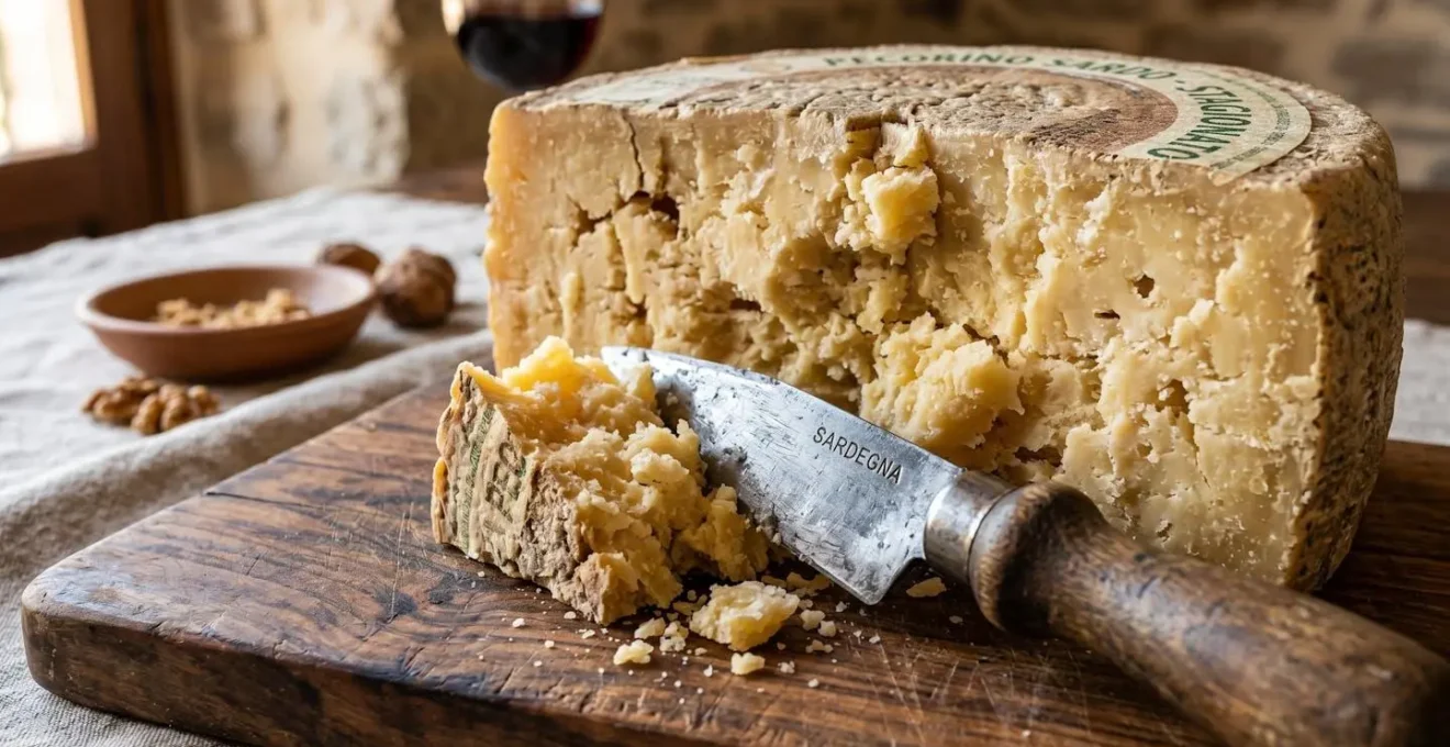 Nahaufnahme eines traditionellen Pecorino-Käselaibs mit Messer auf rustikalem Holzbrett