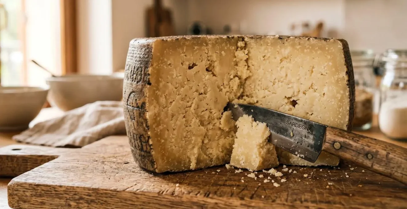 Nahaufnahme eines traditionellen Pecorino-Käselaibs mit Messer auf rustikalem Holzbrett