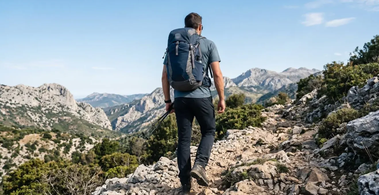Wanderer mit Rucksack von hinten auf einem steinigen Bergpfad im Gennargentu-Gebirge