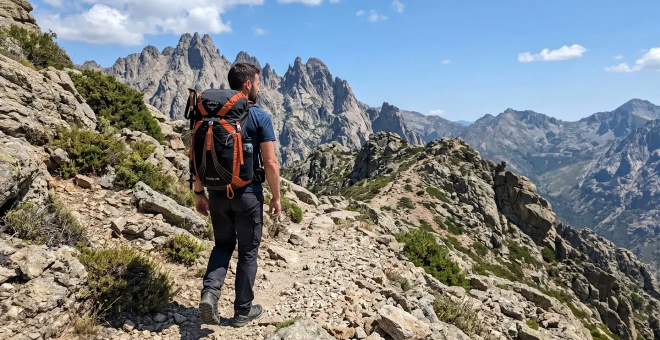 Wanderer mit modernem Rucksack von hinten auf einem steinigen Bergpfad des GR20, im Hintergrund dramatische korsische Berggipfel unter blauem Himmel