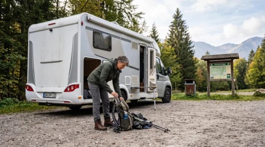 Wohnmobil auf einem Wanderparkplatz in einer deutschen Mittelgebirgsregion mit Wanderer beim Vorbereiten der Ausrüstung