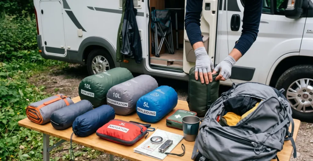 Modulare Organisation der Wanderausrüstung mit farbkodierten Packbeuteln ausserhalb eines Wohnmobils