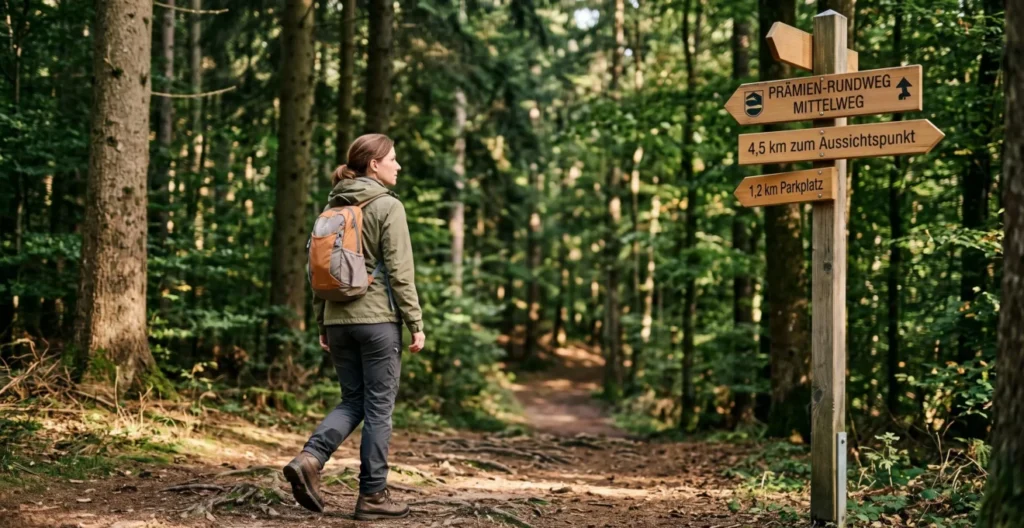 Wanderer mit leichtem Rucksack auf einem gut markierten Premium-Rundwanderweg in deutscher Mittelgebirgslandschaft